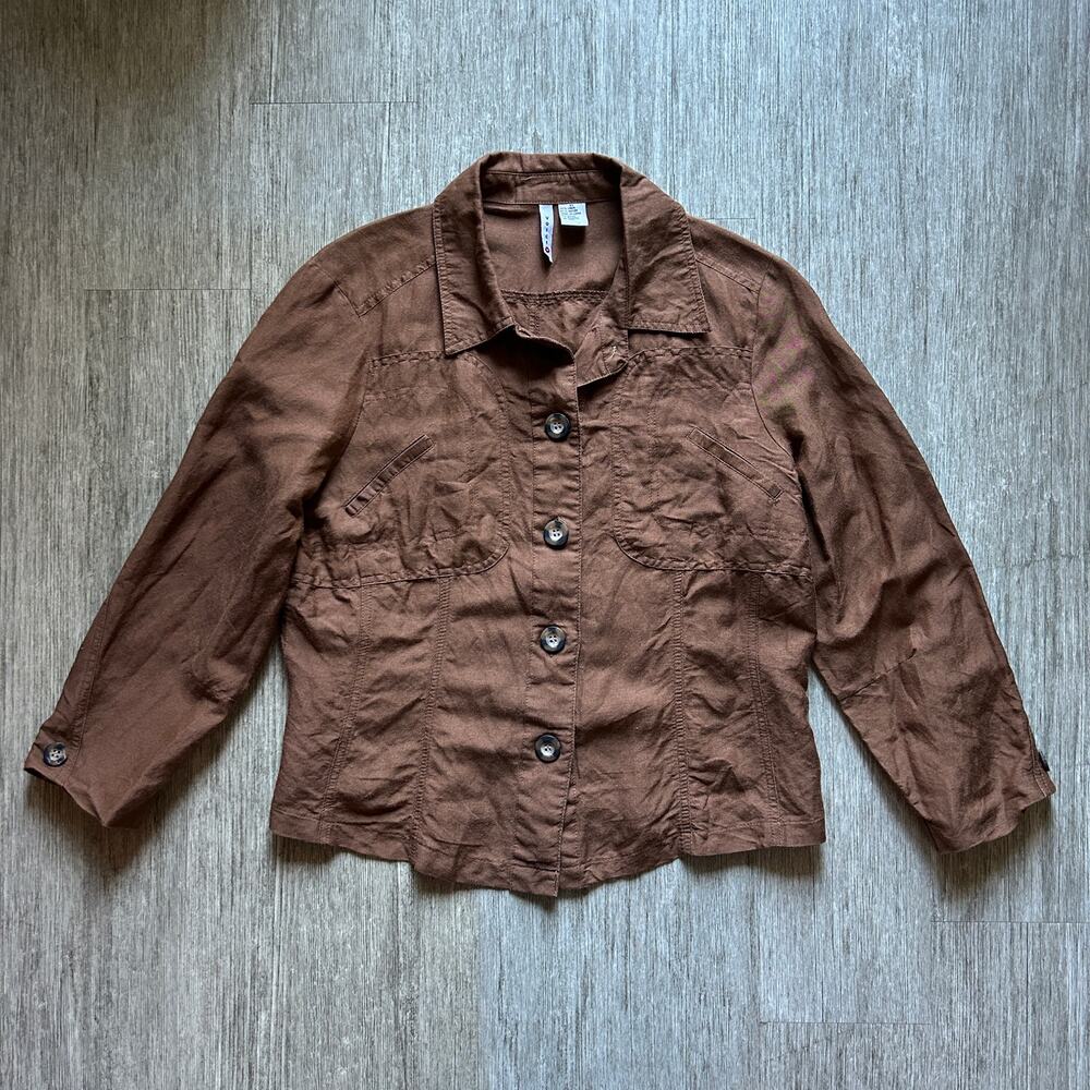 Voice Mocha Brown Linen Blend Long Sleeve Crop Button Down Shirt Blouse Size XL